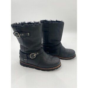 UGG Australia Noira Women's Black Biker-style Ankle Leather Sheepskin Boots Sz 6